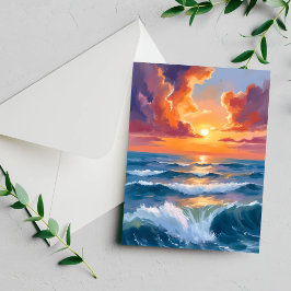 Tarjeta de pintura de acuarela del océano puesta d