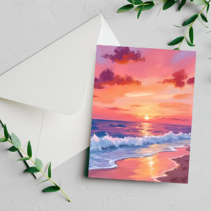 Tarjeta de pintura de paisaje marino de olas de pl