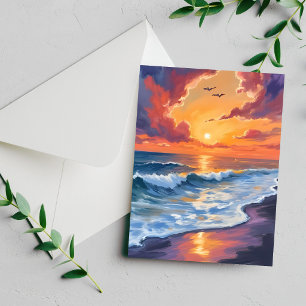 Tarjeta de pintura de paisaje marino de olas de pu