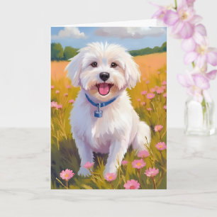 Tarjeta de pintura de perro maltés en campo de flo