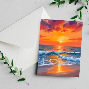 Tarjeta de pintura de playa del océano puesta del 