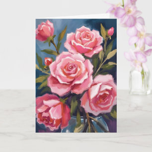 Tarjeta de pintura de ramo de rosa rosa sonrojada