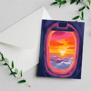 Tarjeta de pintura de viaje en avión al atardecer 