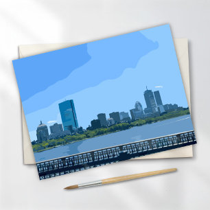 Tarjeta de pintura del horizonte de Boston río Cha
