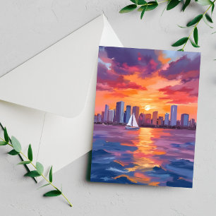 Tarjeta de pintura en acuarela del atardecer del h
