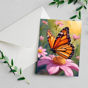 Tarjeta de pintura floral de flor rosa de mariposa
