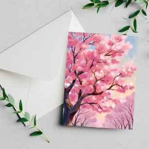 Tarjeta de pintura floral rosa de árboles de flor