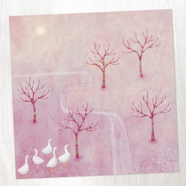 Tarjeta de pintura panorámica rosa con paisajes ge (Modern landscape painting of geese in an orchard in pink.  Contemporary art greetings card.)