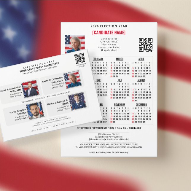 Tarjeta de pizarra de fotos del equipo de campaña  (Election Political Campaign Team Photo Slate Card - with 4 Candidate Profiles FEC Compliant)