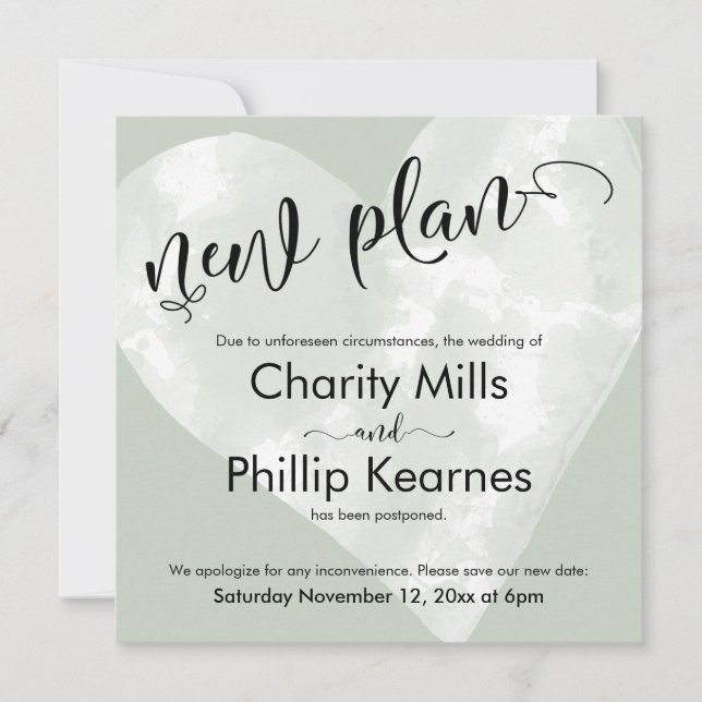 Tarjeta de plan nuevo Boda de Heart Sage Green pos (Anverso)