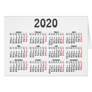Tarjeta de plantilla de calendario 2020