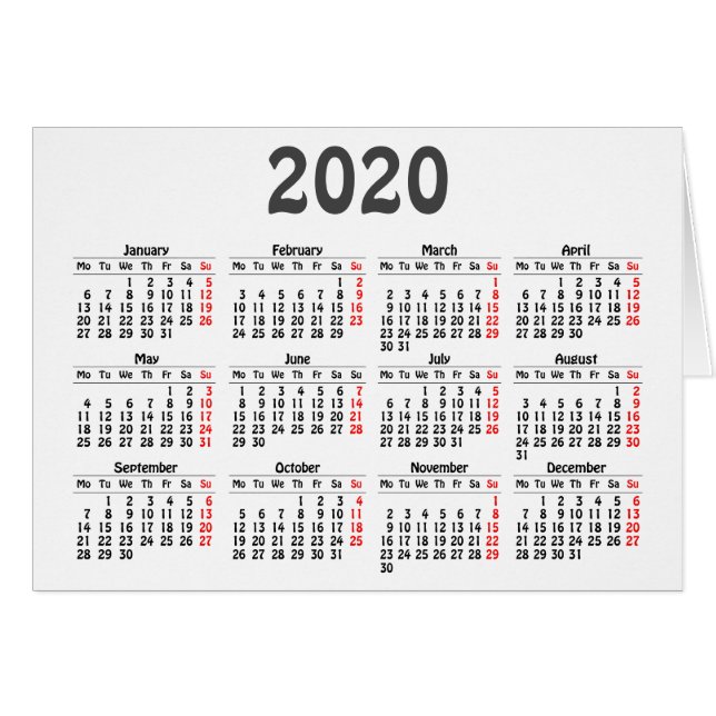 Tarjeta de plantilla de calendario 2020 (Anverso (Horizontal))