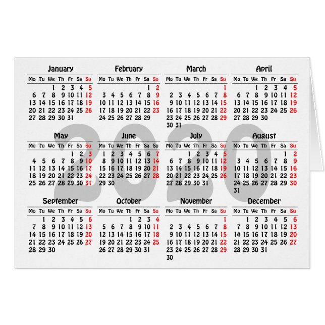 Tarjeta de plantilla de calendario 2020 (Anverso (Horizontal))
