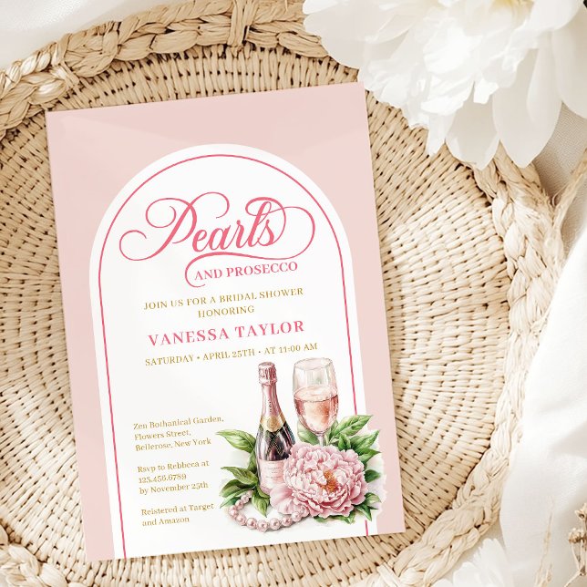 Tarjeta de plantilla de ducha de perlas modernas y (Modern Pearls and Prosecco Shower Card Template)