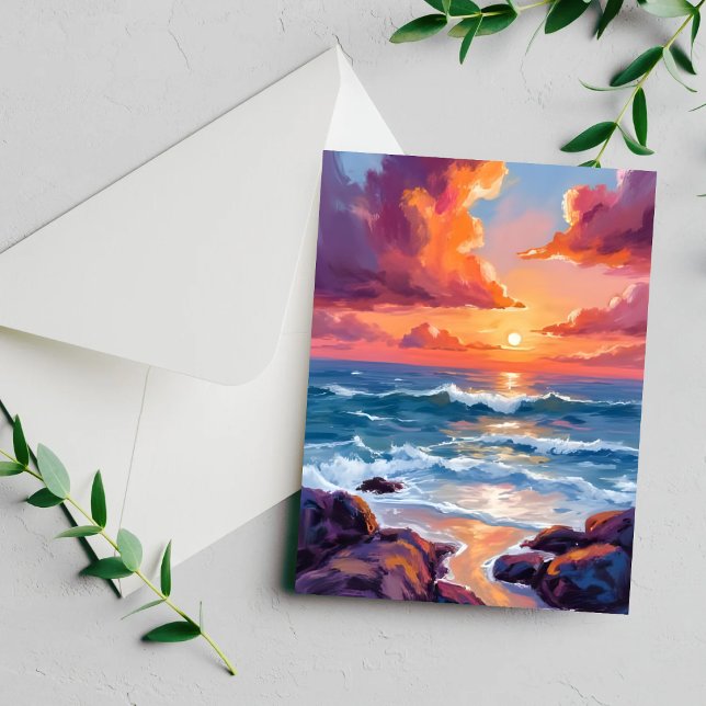 Tarjeta de Playa de Atardecer Oceánico en Acuarela (Subido por el creador)