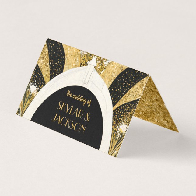 Tarjeta de plaza Boda Art Deco Negro y Oro (Reverso)