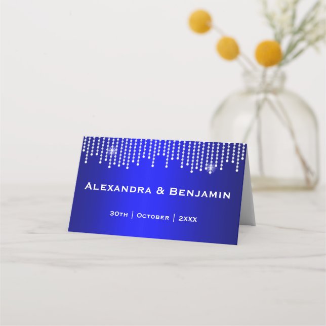 Tarjeta de plaza Boda azul Diamantes y Perlas (Anverso)