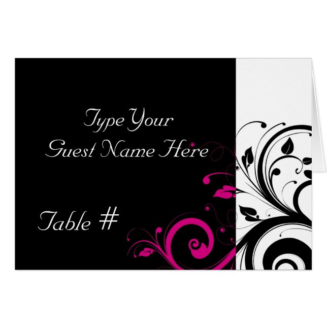 Tarjeta de plaza Boda de Swirl Fuchsia Black, Whit (Anverso (Horizontal))