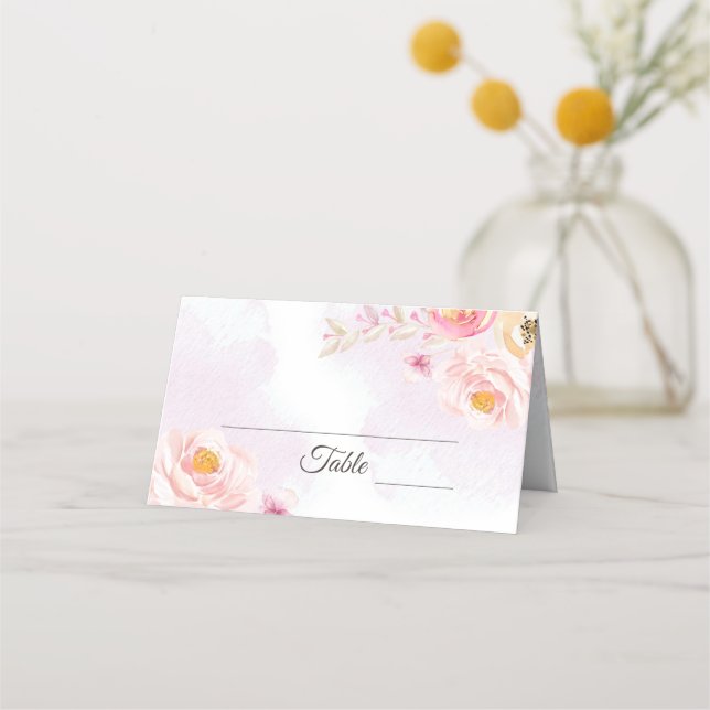 Tarjeta de plaza Boda floral acuático rosa y dorad (Anverso)