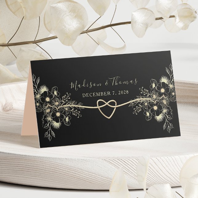 Tarjeta de plaza Boda floral de oro negro (Subido por el creador)