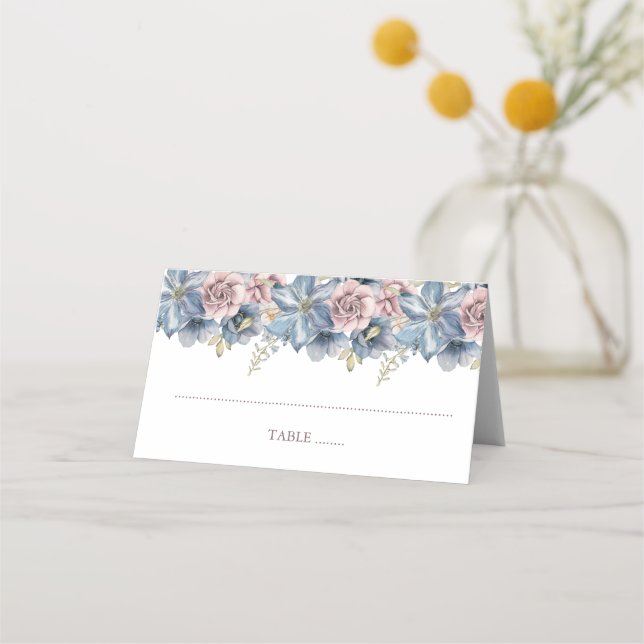 Tarjeta de plaza Boda floral Dusty Blue and Mauve (Anverso)