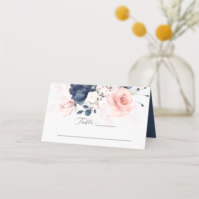 Tarjeta de plaza Boda floral rosa azul marino y Ru (Anverso)