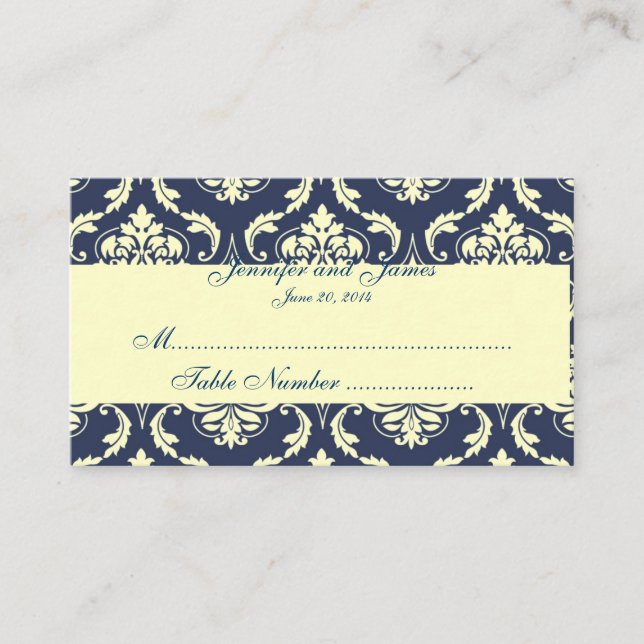 Tarjeta de plaza Boda Navy Damask Cream (Anverso)