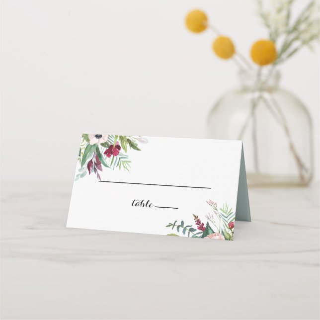 Tarjeta de plaza Boda tropical floral y verde (Anverso)