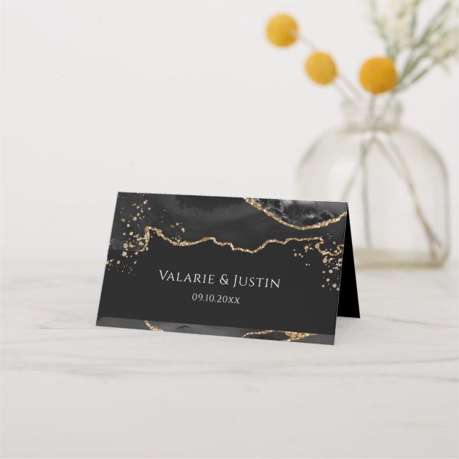 Tarjeta de plaza de Boda Agate, Purpurina negro y  (Anverso)