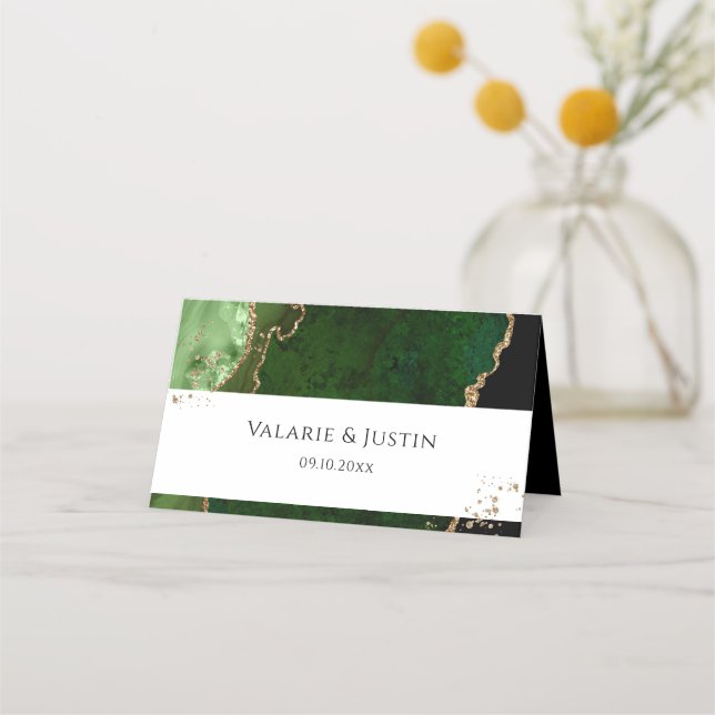 Tarjeta de plaza de Boda Agate Purpurina Verde y O (Anverso)