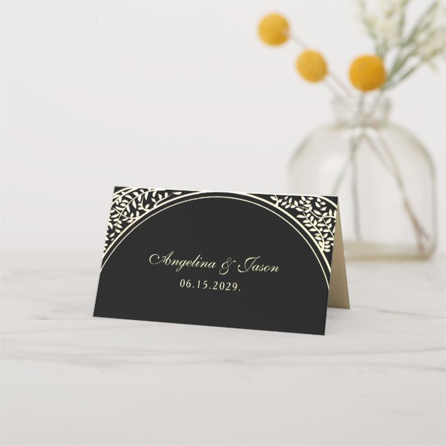 Tarjeta de plaza de Boda dorada y negra (Reverso)