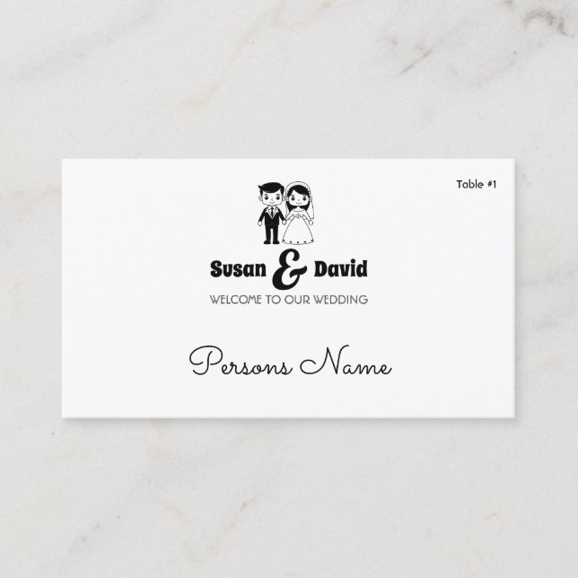 Tarjeta de plaza de Boda plana cute bride y groom (Anverso)