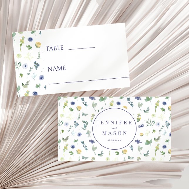 Tarjeta de plaza plana con boda floral azul amaril (Subido por el creador)