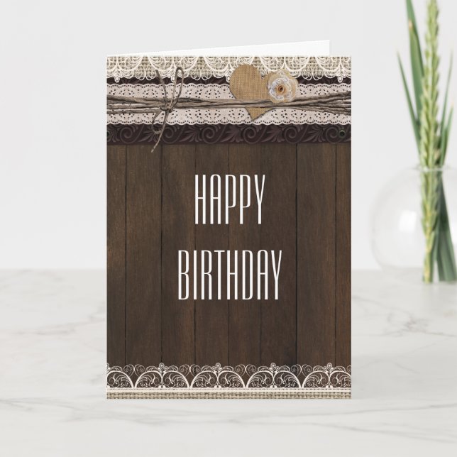 Tarjeta de plegado de madera y encaje de arpillera (Anverso)