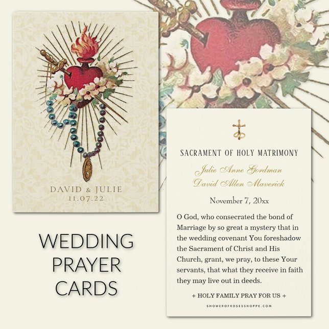 Tarjeta de plegaria de Bodas católicos Rosary Mary (Traditional Catholic Vintage Wedding prayer cards with the Immaculate Heart of Mary)