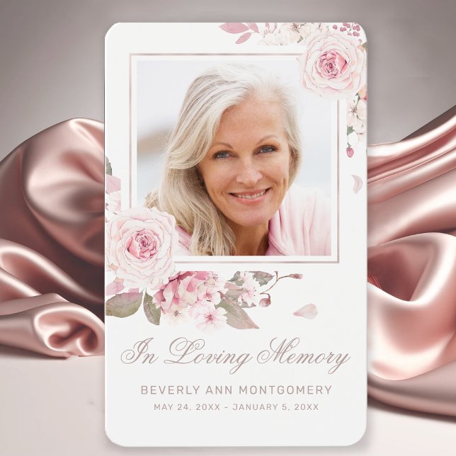 Tarjeta de plegaria de fotos de la Cruz rosa rosa  (Elegant Pink Roses Photo Funeral Card with Prayer.)
