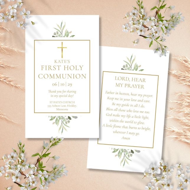 Tarjeta de plegaria de la primera comunión de la v (Greenery First Holy Communion Prayer Card)