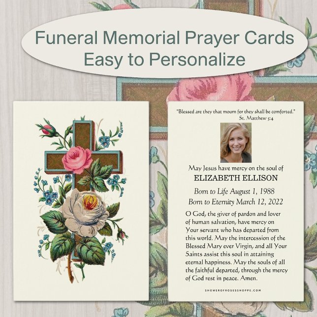 Tarjeta de plegaria de las escrituras conmemorativ (Christian Catholic Funeral Memorial Prayer Cards with Scripture verse & roses)