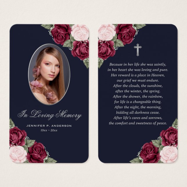 Tarjeta de plegaria funeraria azul rosa rosa rojo  (Anverso y reverso)