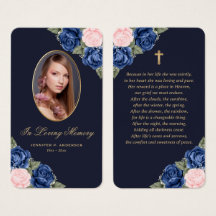 Tarjeta de plegaria funeraria Blue Pink Roses Gold