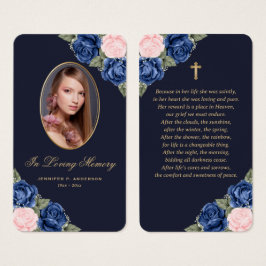 Tarjeta de plegaria funeraria Blue Pink Roses Gold
