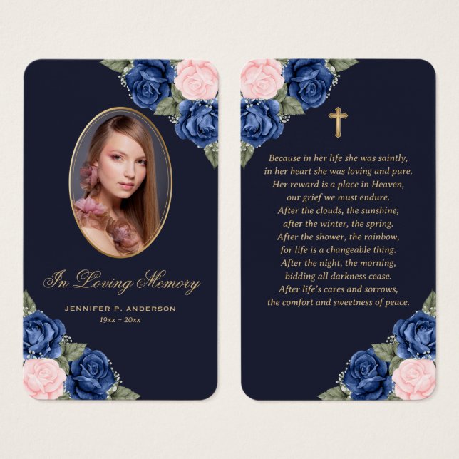 Tarjeta de plegaria funeraria Blue Pink Roses Gold (Anverso y reverso)