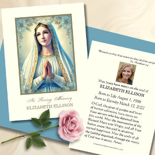 Tarjeta de plegaria funeraria católica Mary Floral