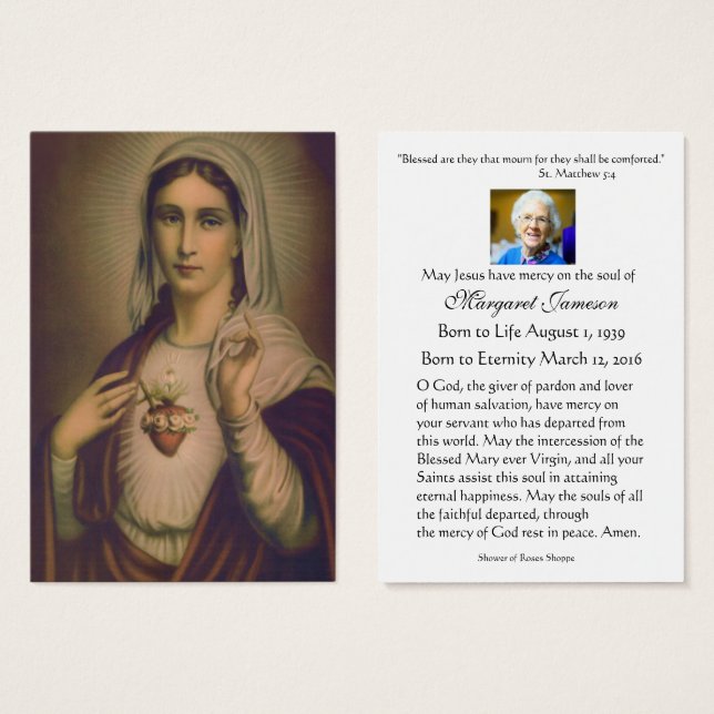 Tarjeta de plegaria funeraria católica Virgin Mary (Anverso y reverso)
