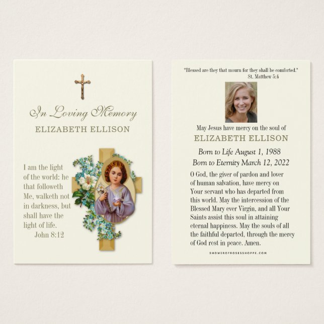 Tarjeta de plegaria funeraria Child Jesus Scriptur (Anverso y reverso)