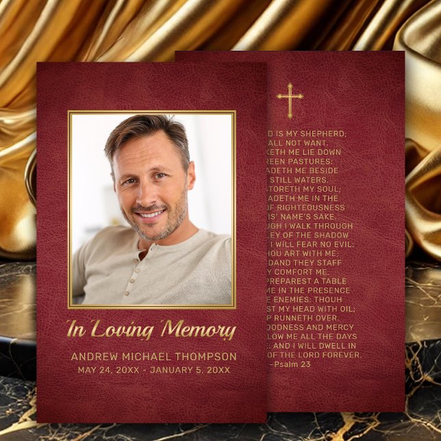 Tarjeta de plegaria funeraria cristiana maroon Gol (In Loving Memory Maroon Faux Leather Photo Funeral Prayer Card with Gold Cross.)