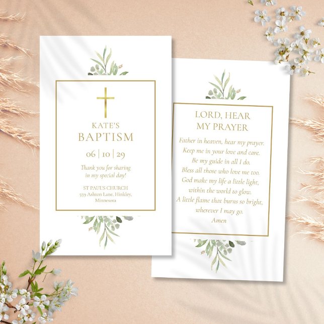 Tarjeta de plegaria para la cristiandad del bautis (Greenery Baptism Christening Prayer Card)