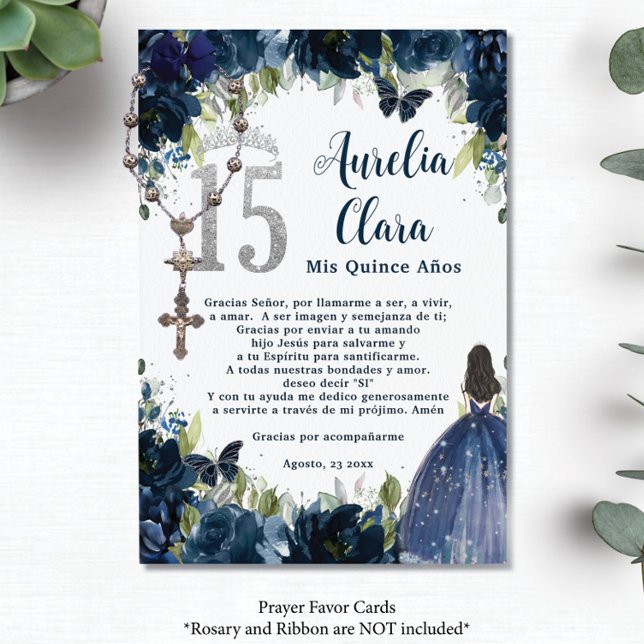 Tarjeta de plegaria Quinceañera 15 Floral de plata (Subido por el creador)