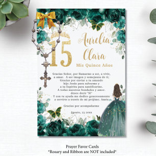 Tarjeta de plegaria Quinceañera de oro floral verd