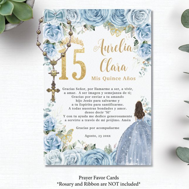 Tarjeta de plegaria Quinceañera Princesa Floral Az (baby blue roses floral gold 15 XV princess dress quinceanera rosary prayer card favors printed)